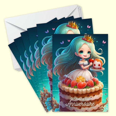 Lot de 6 invitations anniversaire en Français + 6 enveloppes | Petite Sirène aux fraises | Style Manga