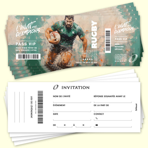 Lot de 12 invitations anniversaire en Français | Thème Rugby | Format Ticket | Adresse détachable