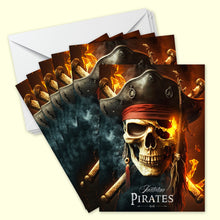 Lot de 6 invitations anniversaire en Français + 6 enveloppes | Crâne de Pirate | Fête pour les enfants