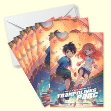 Lot de 6 invitations anniversaire en Français + 6 enveloppes | Thème Trampolines Parc dans le style Manga