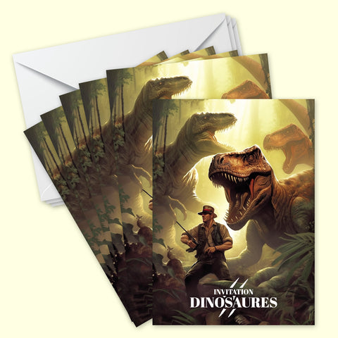 Lot de 6 invitations anniversaire en Français + 6 enveloppes | Thème Aventuriers des dinosaures perdus | Fête pour les enfants