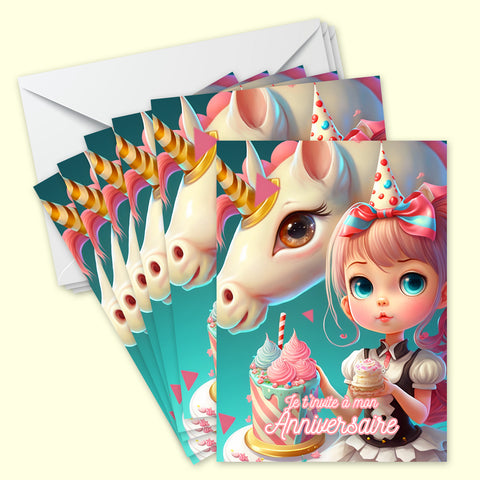 Lot de 6 invitations anniversaire en Français + 6 enveloppes | Petite Princesse Licorne | Fête pour les enfants