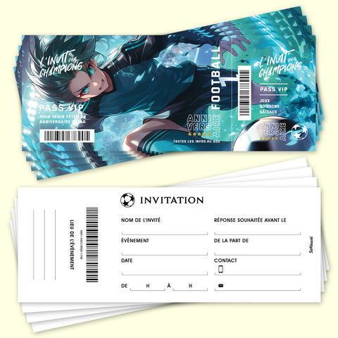 Lot de 12 invitations anniversaire en Français | Thème Football | Style Manga | Format Ticket | Adresse détachable