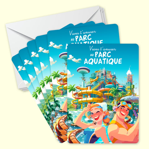 Lot de 10 invitations anniversaire en Français + 10 enveloppes | Thème Parc Aquatique | Toboggans Piscine | Club de plage