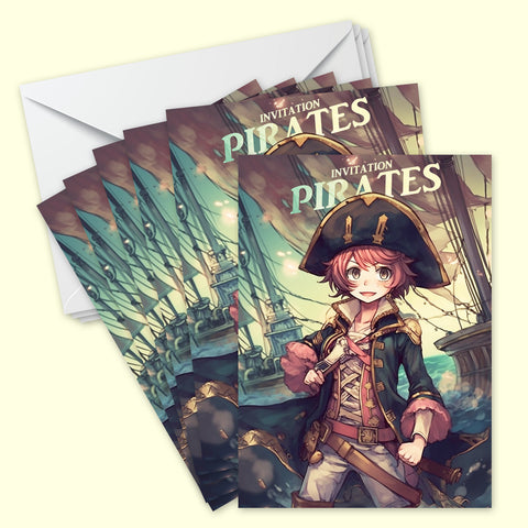Lot de 6 invitations anniversaire en Français + 6 enveloppes | Thème Pirates dans le style Manga | Fête pour les enfants