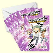 Lot de 6 invitations anniversaire en Français + 6 enveloppes | Thème Parcours d'obstacles - Parcours Ninja | Style Manga | Fête pour les enfants
