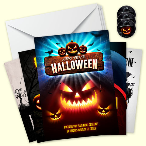 Lot de 10 invitations Halloween en Français + 10 enveloppes | 10 modèles différents | Design moderne