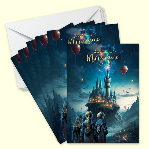 Lot de 6 invitations anniversaire en Français + 6 enveloppes | Sorciers et Magie | Fête pour les enfants