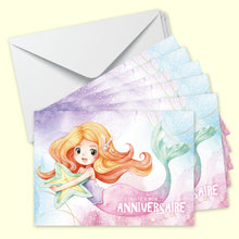 Lot de 6 invitations anniversaire en Français + 6 enveloppes | Thème sirènes | Style Manga | Fête pour les enfants