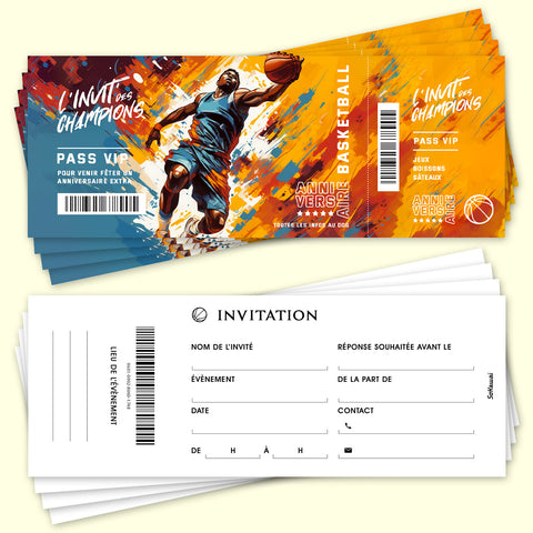 Lot de 12 invitations anniversaire en Français | Thème Basketball | Format Ticket