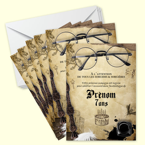 Lot de 6 invitations anniversaire en Français à personnaliser + 6 enveloppes | Thème Sorciers et Magie | Anniversaire Fantastique
