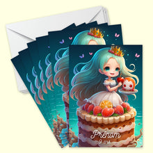 Lot de 6 invitations anniversaire en Français à personnaliser + 6 enveloppes | Petite Sirène aux fraises | Style Manga