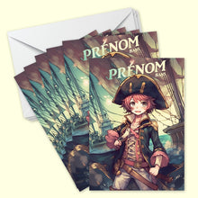 Lot de 6 invitations anniversaire en Français à personnaliser + 6 enveloppes | Thème Pirates dans le style Manga | Fête pour les enfants