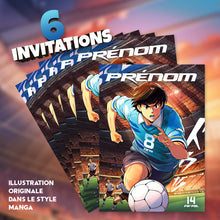 Lot de 6 invitations anniversaire en Français à personnaliser + 6 enveloppes | Thème Football | Style Manga