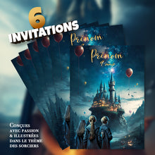 Lot de 6 invitations anniversaire en Français à personnaliser + 6 enveloppes | Sorciers et Magie | Fête pour les enfants