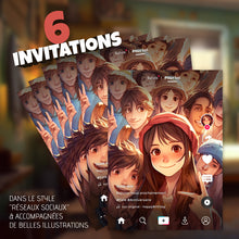 Lot de 6 invitations anniversaire en Français + 6 enveloppes | Thème amis et réseaux sociaux | Style Manga - Anime