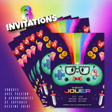 Lot de 8 invitations anniversaire en Français + 8 enveloppes | Thème jeux vidéo | Style Chibi | Fête pour les enfants