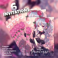Lot de 6 invitations anniversaire en Français + 6 enveloppes | Thème Princesse aux roses dans le style Manga | Fête pour les enfants