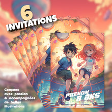 Lot de 6 invitations anniversaire en Français à personnaliser + 6 enveloppes | Thème Trampolines Parc dans le style Manga