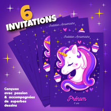 Lot de 6 invitations anniversaire en Français à personnaliser + 6 enveloppes | Thème Licornes | Fête pour les enfants