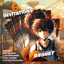 Lot de 6 invitations anniversaire en Français + 6 enveloppes | Thème BASKETBALL dans le style Manga | Fête pour les enfants