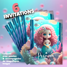 Lot de 6 invitations anniversaire en Français à personnaliser + 6 enveloppes | Petite Sirène aux cheveux bouclés | Fête pour les enfants