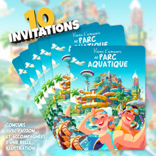 Lot de 10 invitations anniversaire en Français + 10 enveloppes | Thème Parc Aquatique | Toboggans Piscine | Club de plage