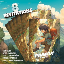 Lot de 8 invitations anniversaire en Français + 8 enveloppes à personnaliser | Thème ESCALADE | Design Manga | Fête pour les enfants