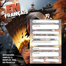 Lot de 8 invitations anniversaire en Français + 8 enveloppes | Thème Ninja | Style Manga | Fête pour les enfants