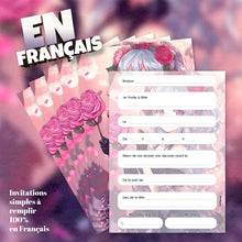 Lot de 6 invitations anniversaire en Français à personnaliser + 6 enveloppes | Thème Princesse aux roses dans le style Manga | Fête pour les enfants