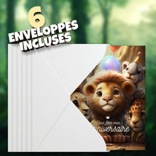 Lot de 6 invitations anniversaire en Français + 6 enveloppes | Thème petits lionceaux | Fête pour les enfants