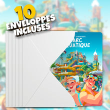 Lot de 10 invitations anniversaire en Français + 10 enveloppes | Thème Parc Aquatique | Toboggans Piscine | Club de plage