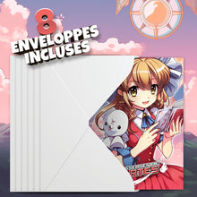Lot de 8 invitations anniversaire en Français + 8 enveloppes | Chasseuses de cartes | Style Manga