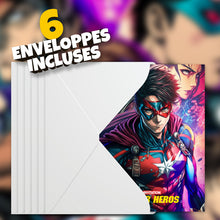 Lot de 6 invitations anniversaire en Français + 6 enveloppes | Super-héros | Style Comics